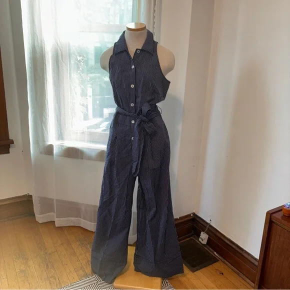 Anthropologie Navy Pinstripe Jumpsuit - Picture 4 of 6